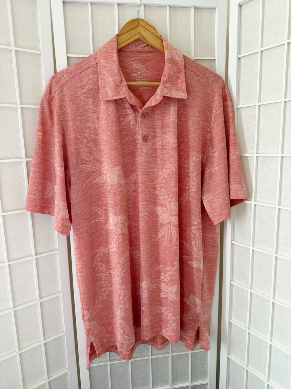 Tori Richard Peach Salmon Hawaiian Floral Polo Shirt XL